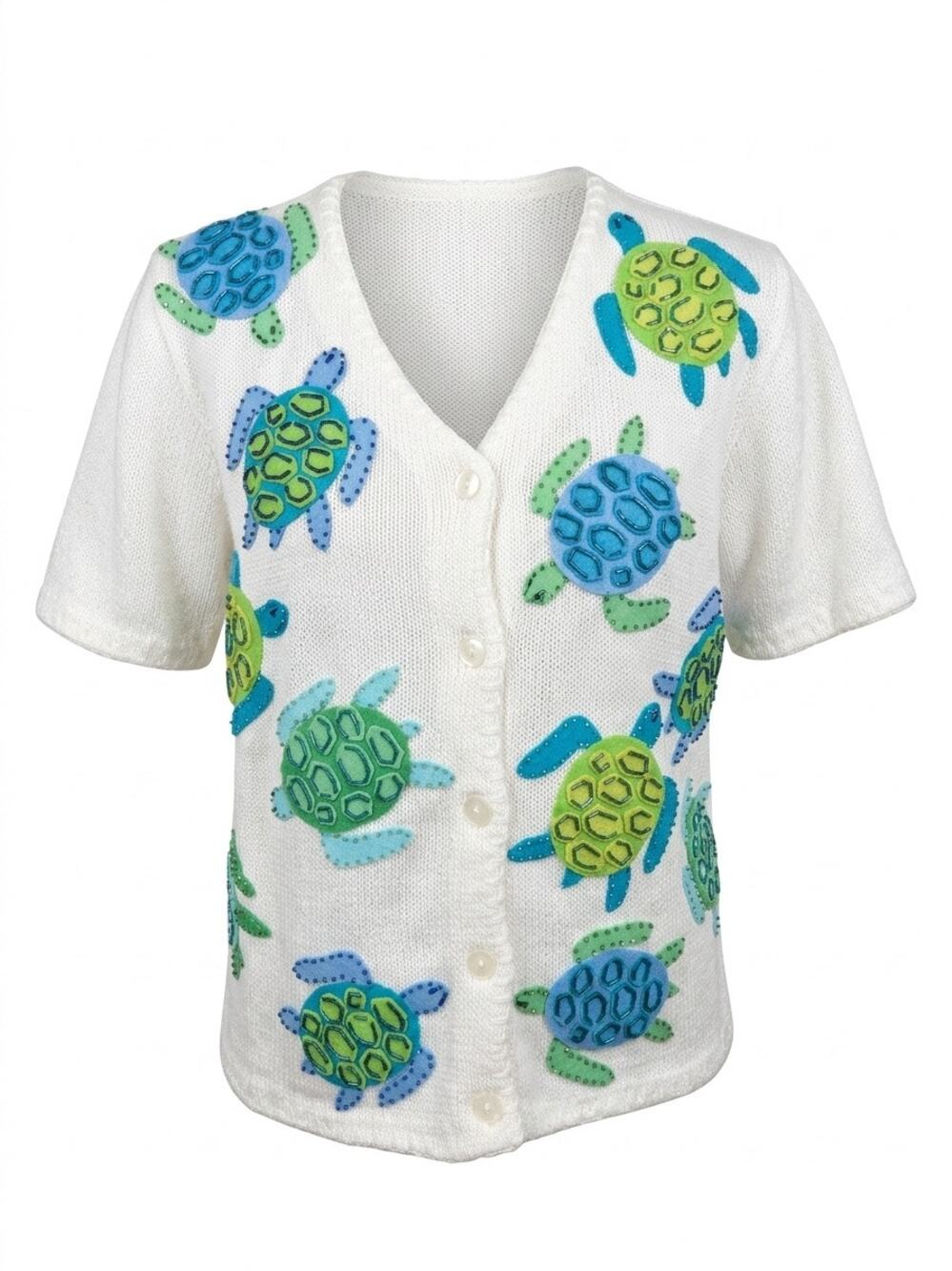 Vintage Grandpacore Sea Turtle Beaded Knit Cardigan Cottagecore beach knit m